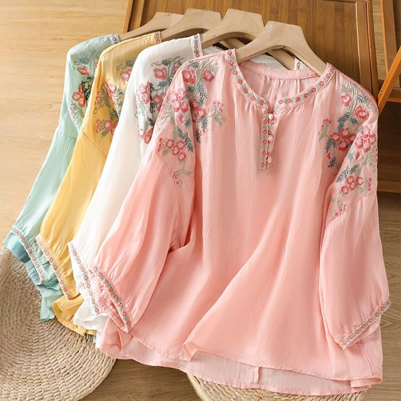 Embroidered Cotton Notched Neck Mindful Meditation Shirt