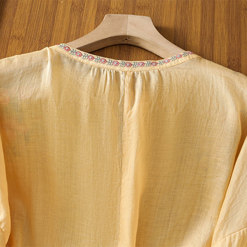 Embroidered Cotton Notched Neck Mindful Meditation Shirt