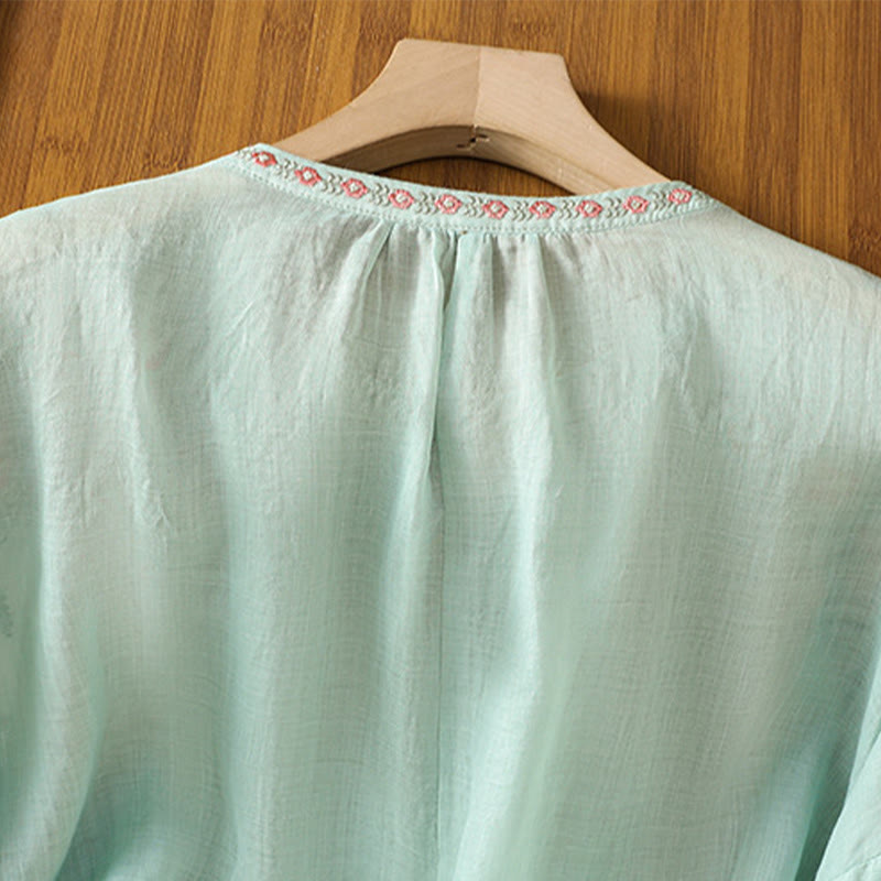 Embroidered Cotton Notched Neck Mindful Meditation Shirt