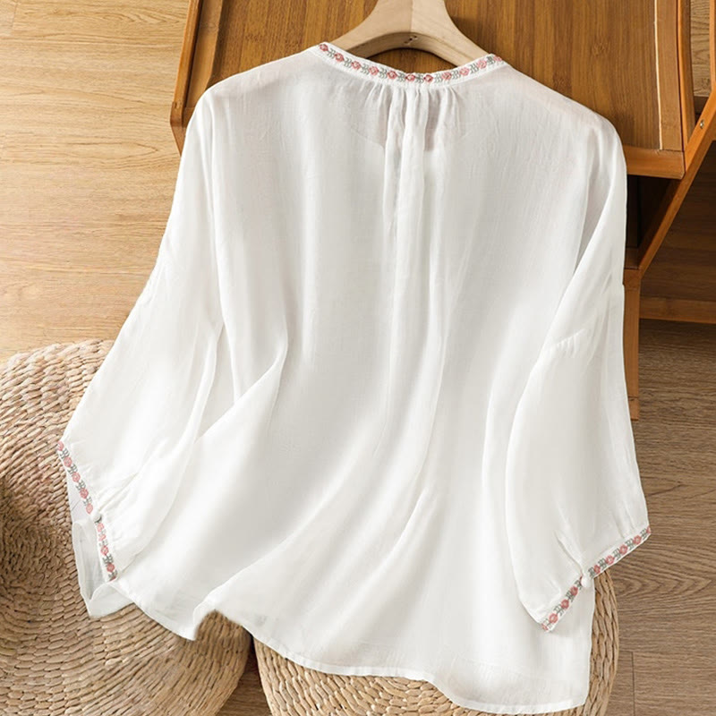Embroidered Cotton Notched Neck Mindful Meditation Shirt