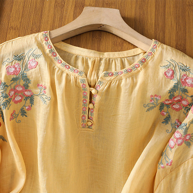 Embroidered Cotton Notched Neck Mindful Meditation Shirt