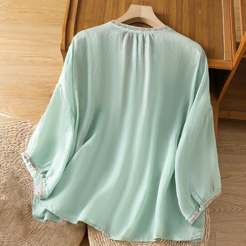 Embroidered Cotton Notched Neck Mindful Meditation Shirt
