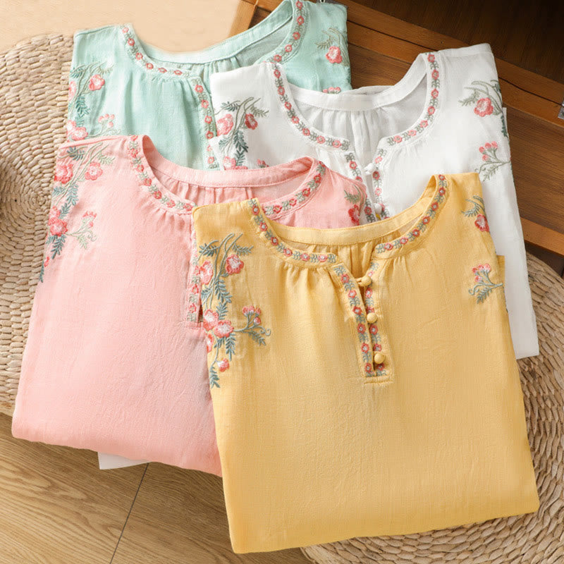 Embroidered Cotton Notched Neck Mindful Meditation Shirt