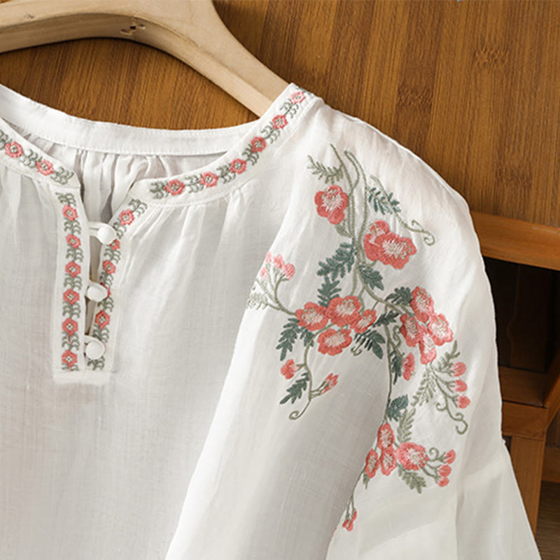 Embroidered Cotton Notched Neck Mindful Meditation Shirt