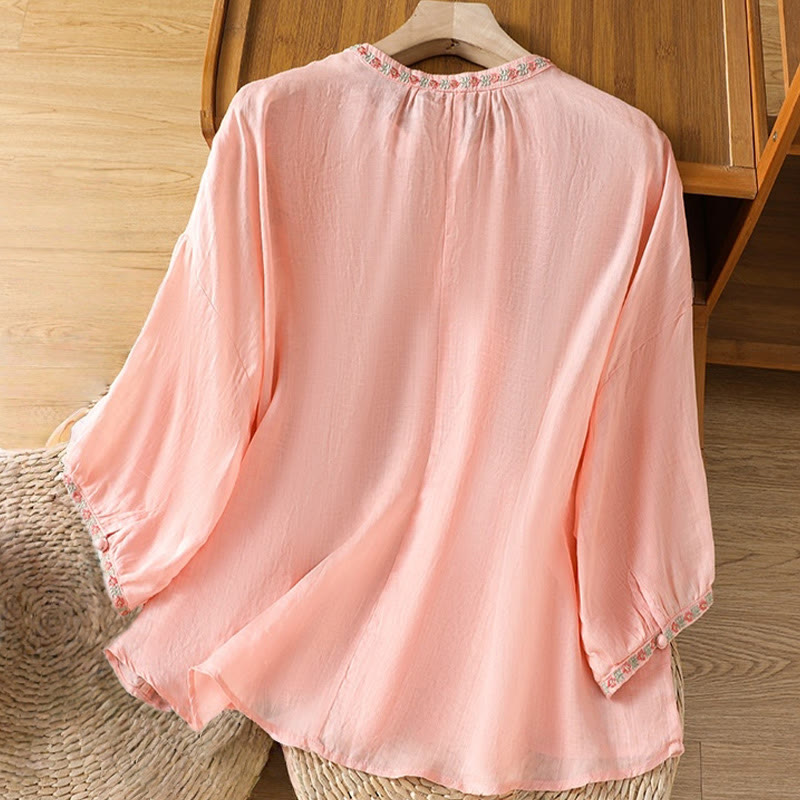 Embroidered Cotton Notched Neck Mindful Meditation Shirt