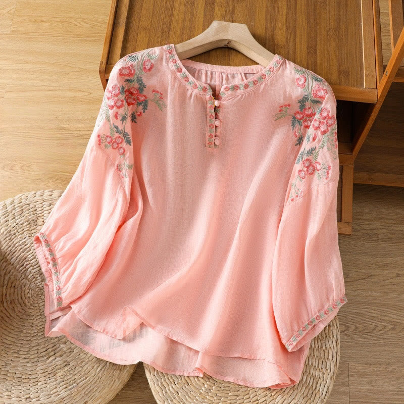 Embroidered Cotton Notched Neck Mindful Meditation Shirt
