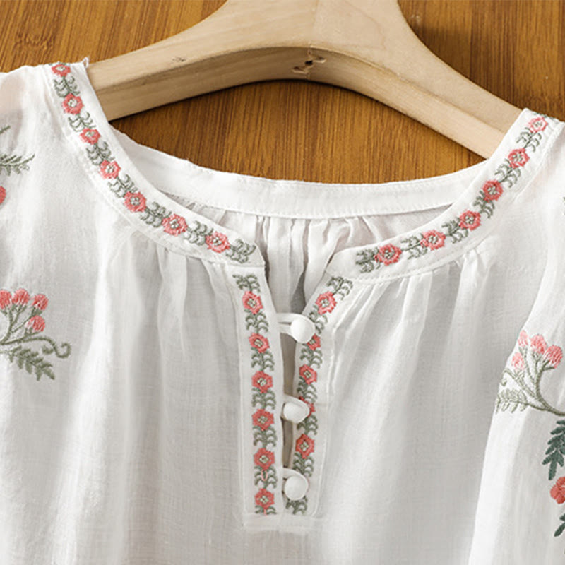 Embroidered Cotton Notched Neck Mindful Meditation Shirt