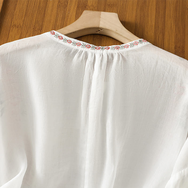 Embroidered Cotton Notched Neck Mindful Meditation Shirt