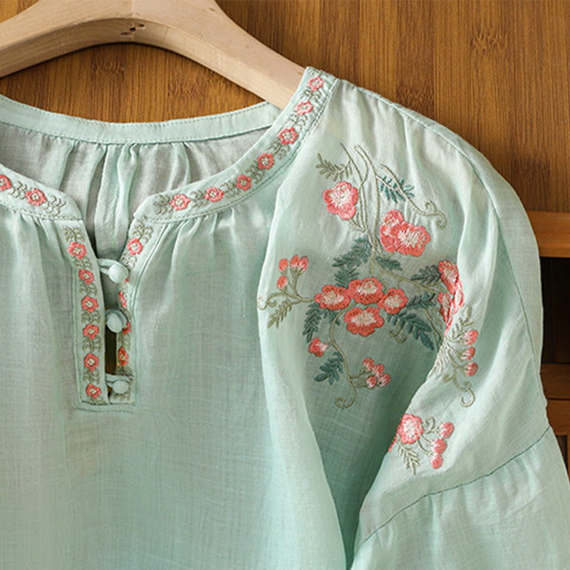 Embroidered Cotton Notched Neck Mindful Meditation Shirt