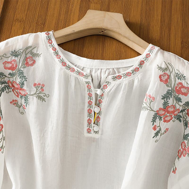 Embroidered Cotton Notched Neck Mindful Meditation Shirt