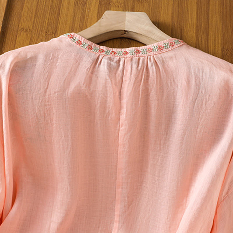 Embroidered Cotton Notched Neck Mindful Meditation Shirt