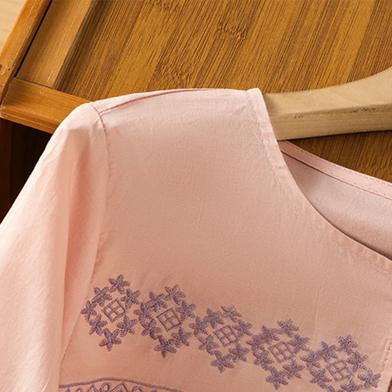 Breathable Cotton Embroidered Lantern Sleeve Meditation Shirt