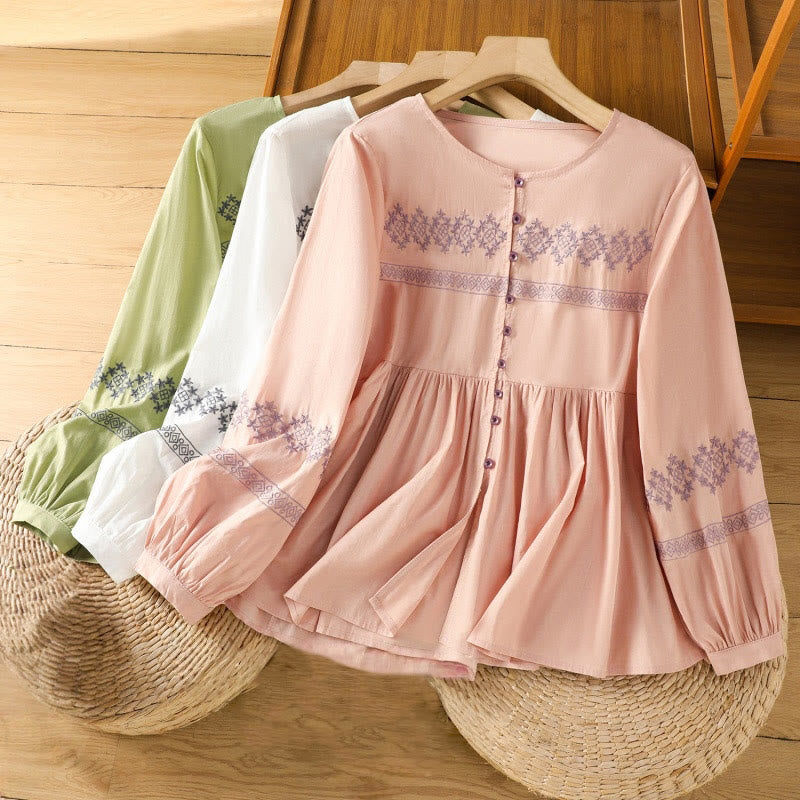 Breathable Cotton Embroidered Lantern Sleeve Meditation Shirt