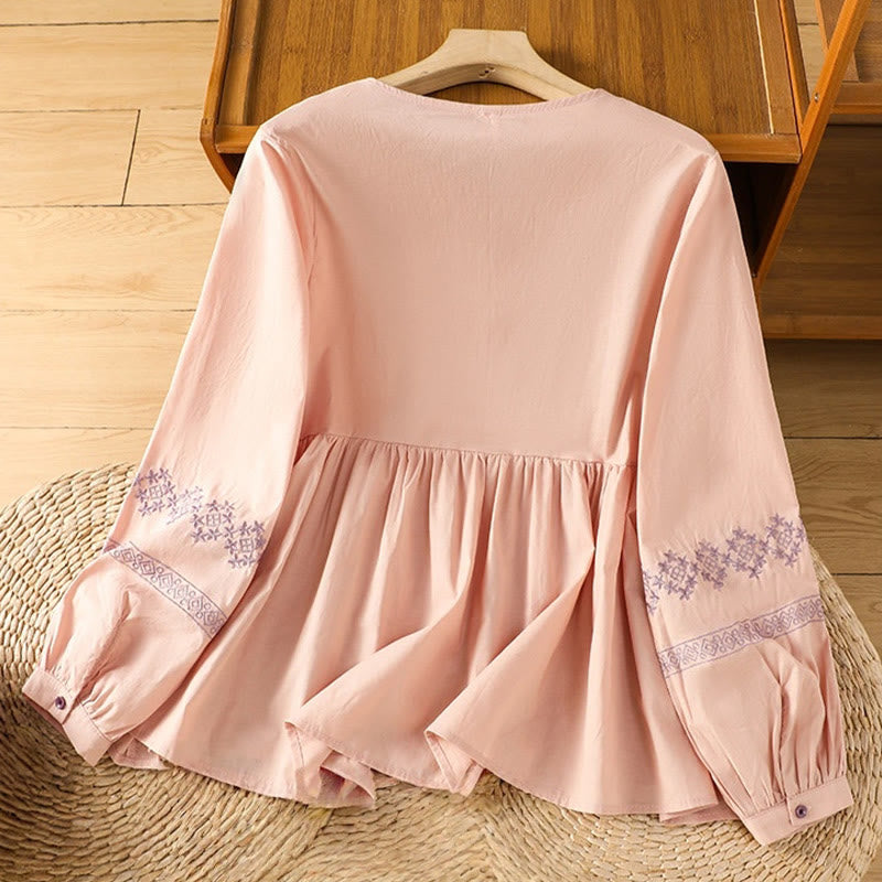 Breathable Cotton Embroidered Lantern Sleeve Meditation Shirt