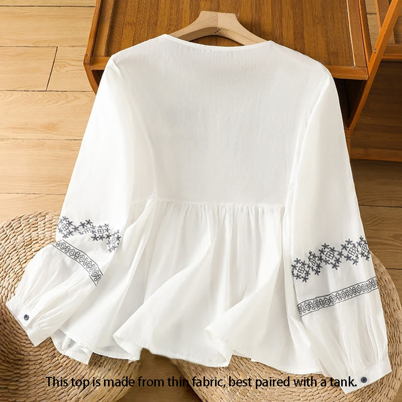 Breathable Cotton Embroidered Lantern Sleeve Meditation Shirt