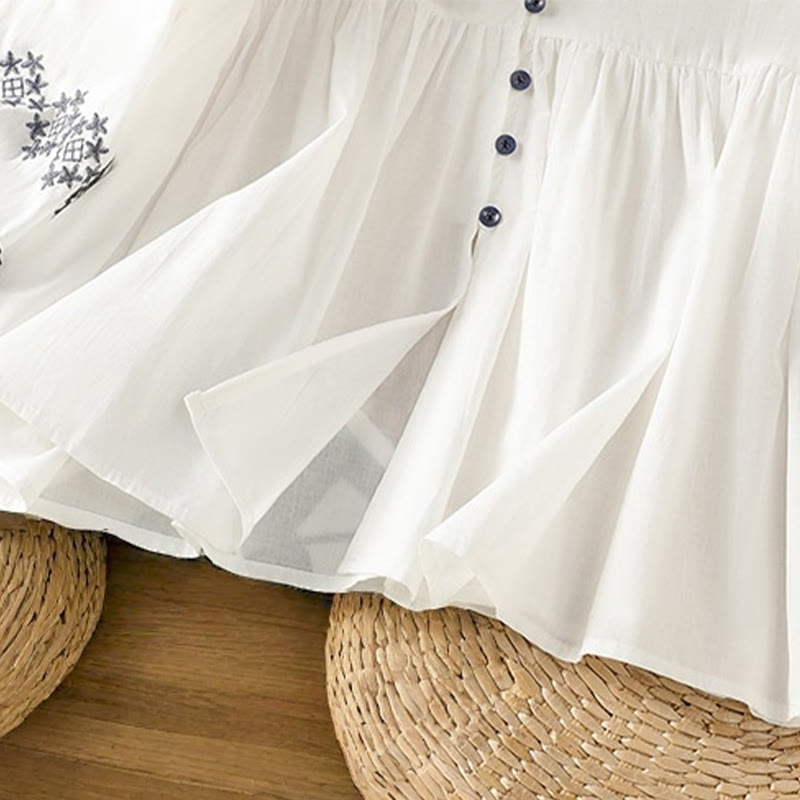 Breathable Cotton Embroidered Lantern Sleeve Meditation Shirt