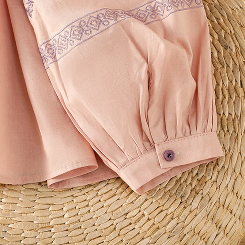 Breathable Cotton Embroidered Lantern Sleeve Meditation Shirt
