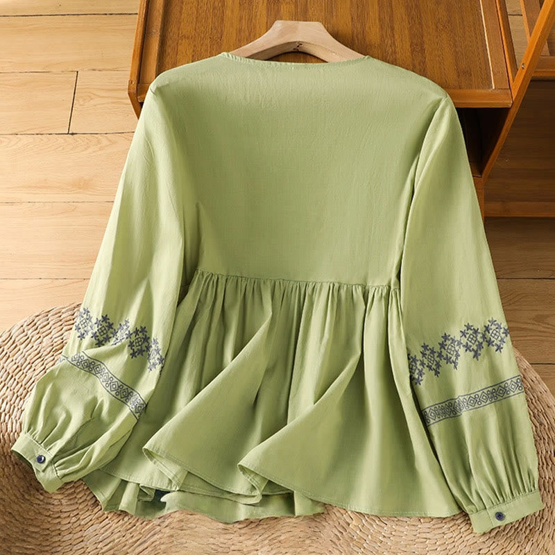 Breathable Cotton Embroidered Lantern Sleeve Meditation Shirt