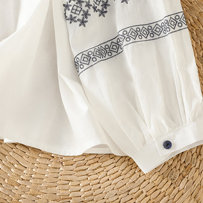 Breathable Cotton Embroidered Lantern Sleeve Meditation Shirt