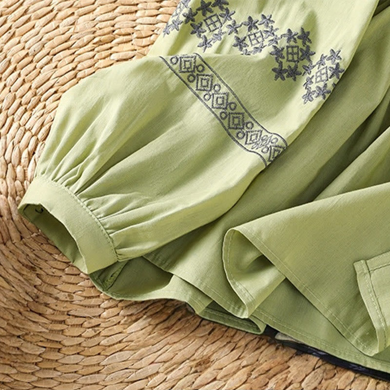 Breathable Cotton Embroidered Lantern Sleeve Meditation Shirt