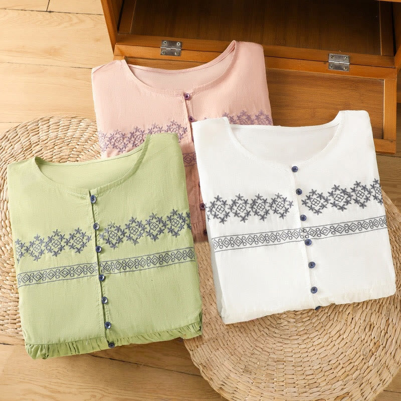 Breathable Cotton Embroidered Lantern Sleeve Meditation Shirt