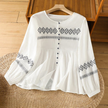 Breathable Cotton Embroidered Lantern Sleeve Meditation Shirt