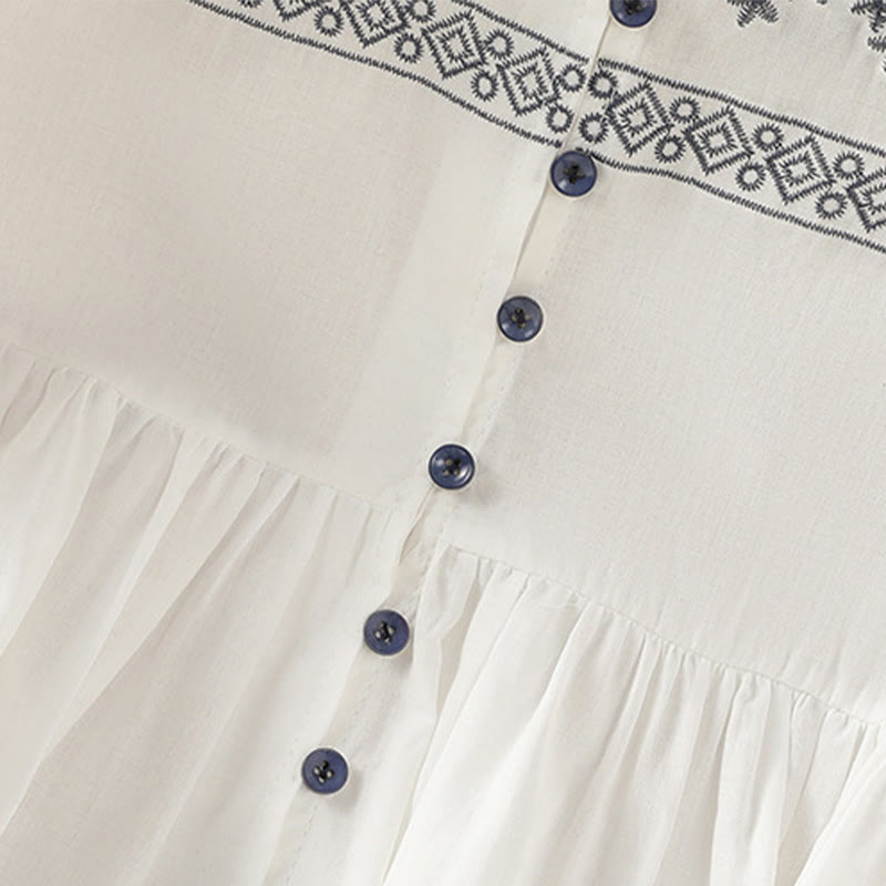 Breathable Cotton Embroidered Lantern Sleeve Meditation Shirt