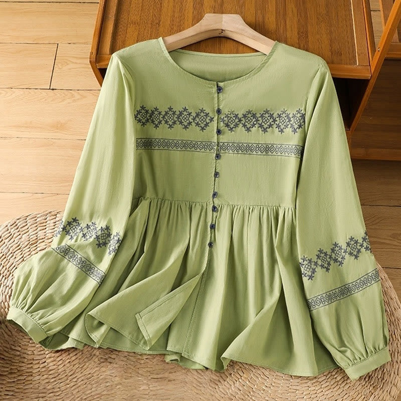 Breathable Cotton Embroidered Lantern Sleeve Meditation Shirt
