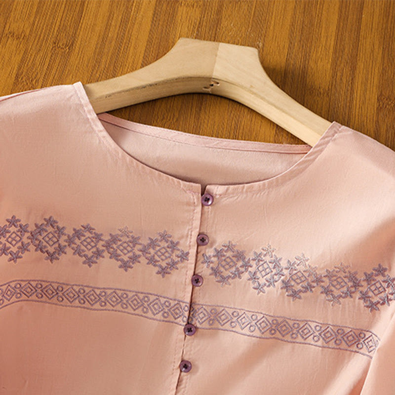 Breathable Cotton Embroidered Lantern Sleeve Meditation Shirt