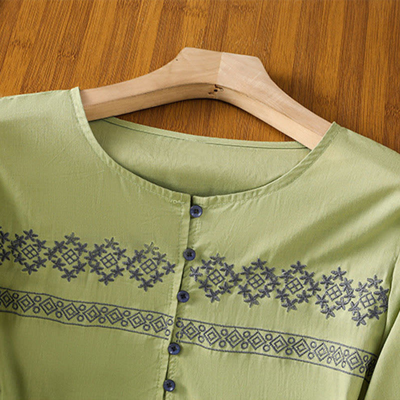 Breathable Cotton Embroidered Lantern Sleeve Meditation Shirt