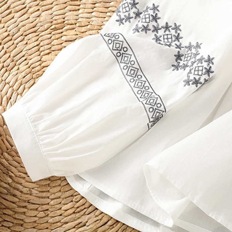 Breathable Cotton Embroidered Lantern Sleeve Meditation Shirt