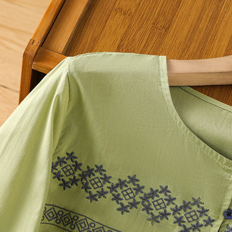 Breathable Cotton Embroidered Lantern Sleeve Meditation Shirt