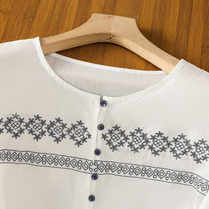 Breathable Cotton Embroidered Lantern Sleeve Meditation Shirt