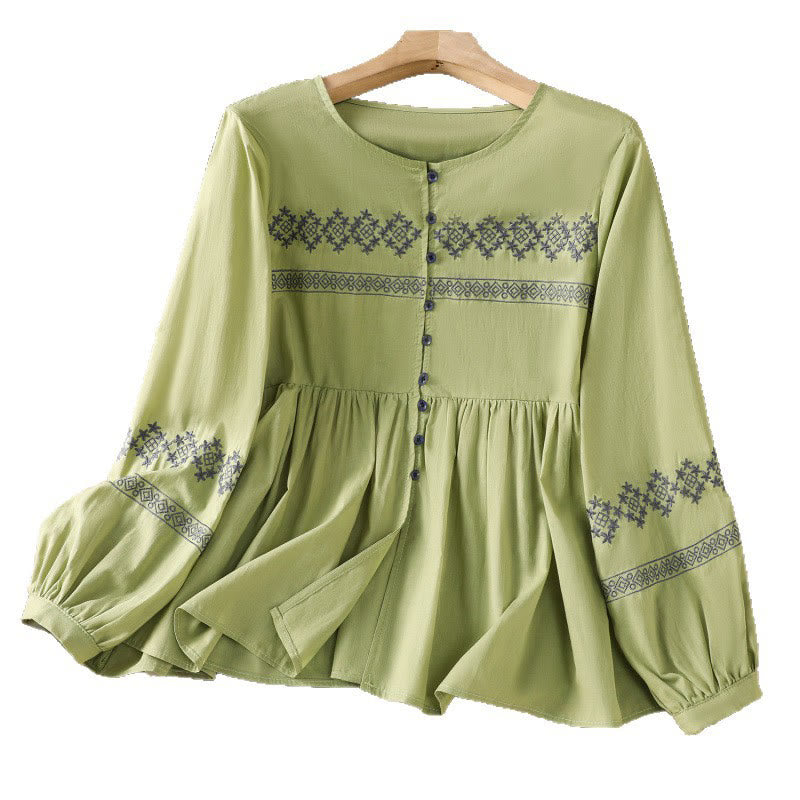 Breathable Cotton Embroidered Lantern Sleeve Meditation Shirt
