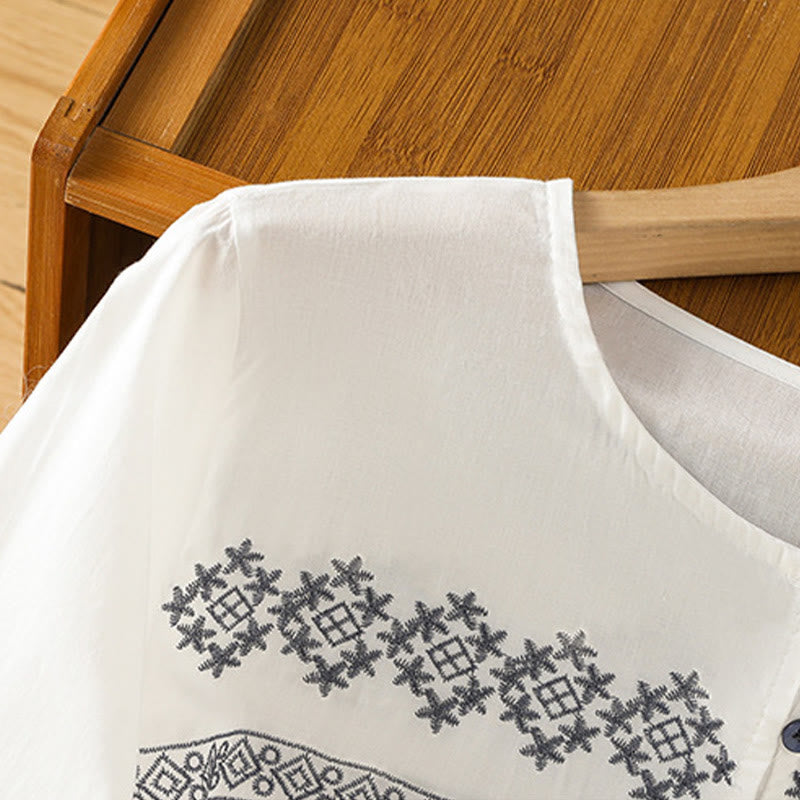 Breathable Cotton Embroidered Lantern Sleeve Meditation Shirt