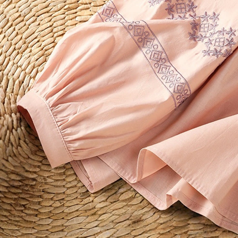 Breathable Cotton Embroidered Lantern Sleeve Meditation Shirt