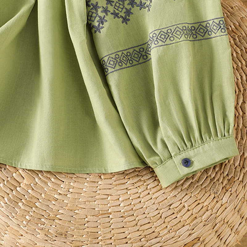 Breathable Cotton Embroidered Lantern Sleeve Meditation Shirt