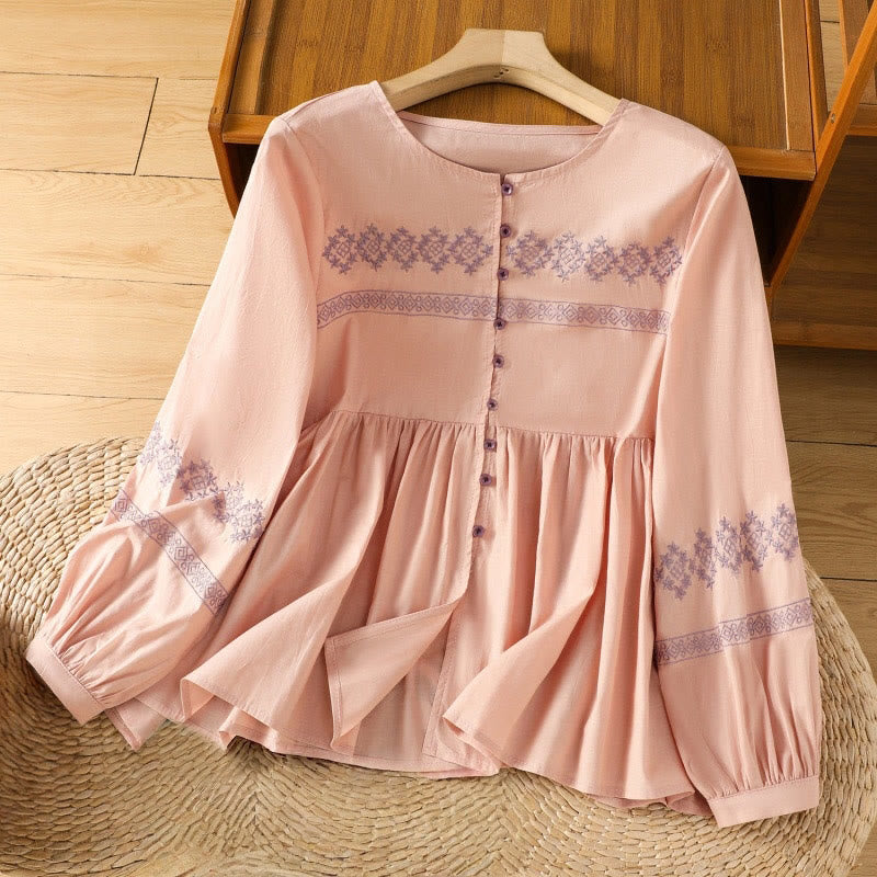 Breathable Cotton Embroidered Lantern Sleeve Meditation Shirt