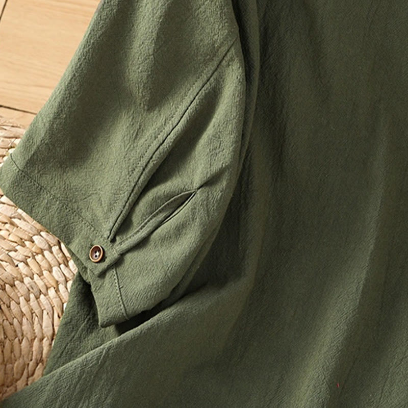 Casual Plain Buttons Half Sleeve Women's Cotton Linen Shirt With Pocket