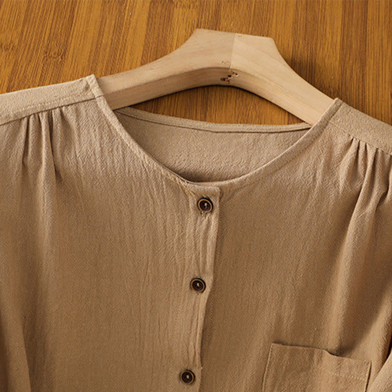 Casual Plain Buttons Half Sleeve Women's Cotton Linen Shirt With Pocket