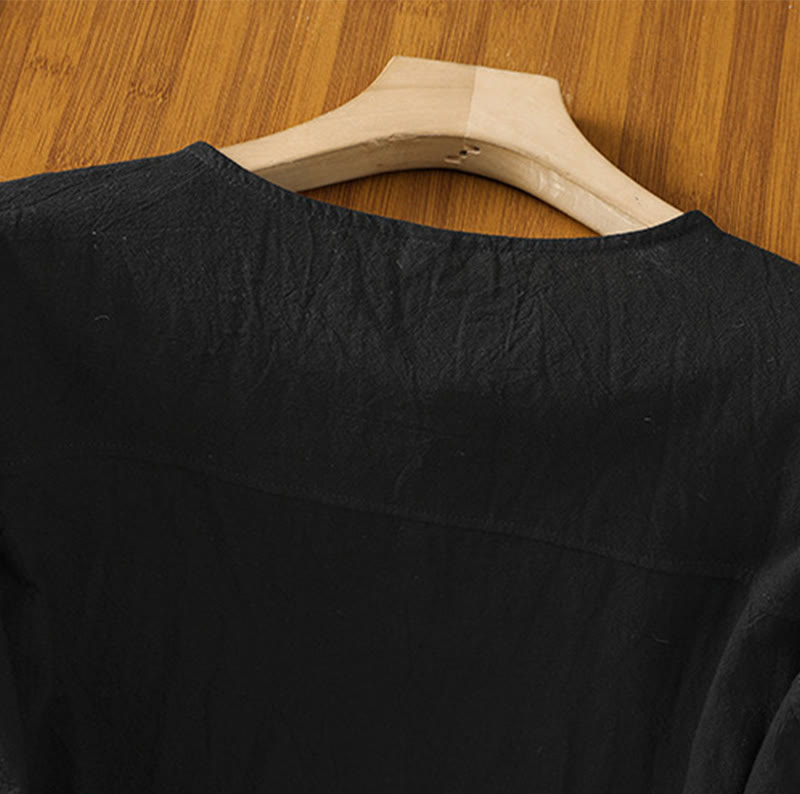 Casual Plain Buttons Half Sleeve Women's Cotton Linen Shirt With Pocket