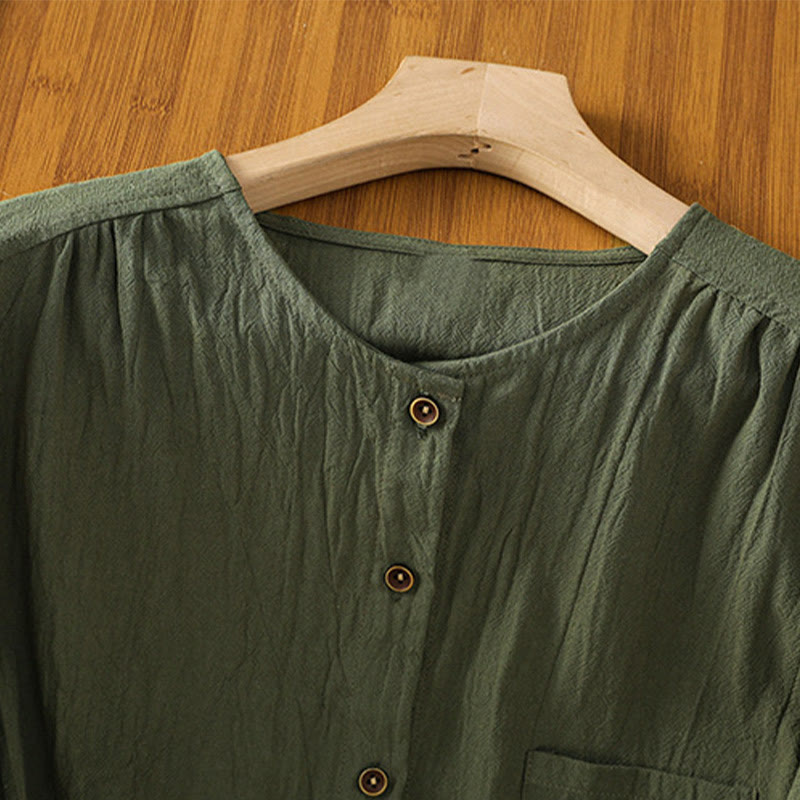 Casual Plain Buttons Half Sleeve Women's Cotton Linen Shirt With Pocket