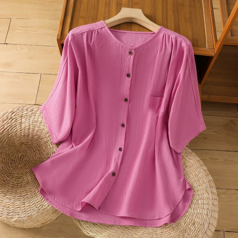 Casual Plain Buttons Half Sleeve Women's Cotton Linen Shirt With Pocket