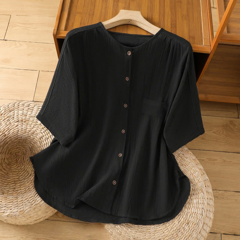 Casual Plain Buttons Half Sleeve Women's Cotton Linen Shirt With Pocket