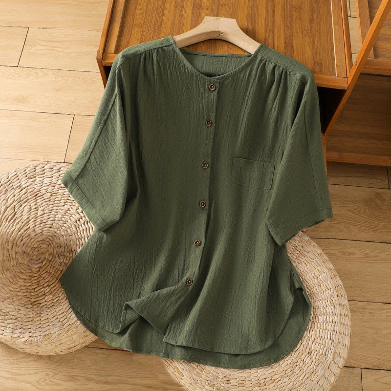 Casual Plain Buttons Half Sleeve Women's Cotton Linen Shirt With Pocket