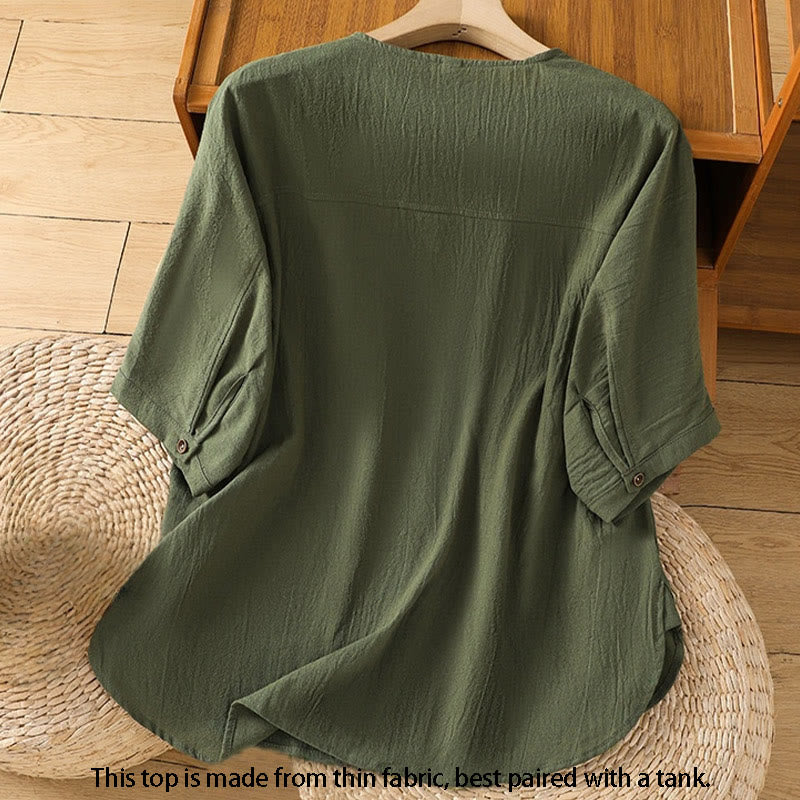Casual Plain Buttons Half Sleeve Women's Cotton Linen Shirt With Pocket