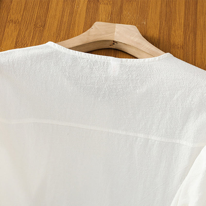 Casual Plain Buttons Half Sleeve Women's Cotton Linen Shirt With Pocket