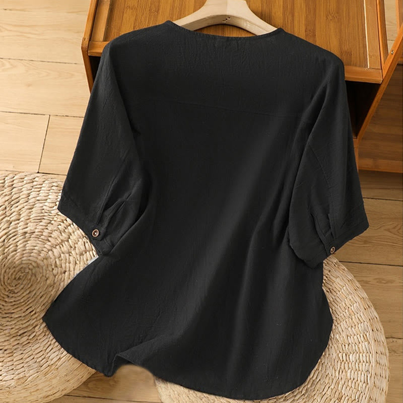 Casual Plain Buttons Half Sleeve Women's Cotton Linen Shirt With Pocket