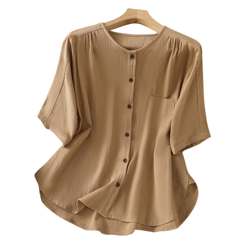 Casual Plain Buttons Half Sleeve Women's Cotton Linen Shirt With Pocket