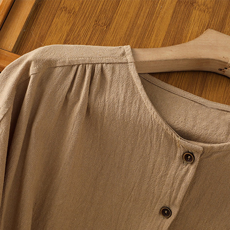 Casual Plain Buttons Half Sleeve Women's Cotton Linen Shirt With Pocket